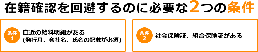 「在籍確認を回避するのに必要な2つの条件」条件1.直近の給与明細がある（発行月、会社名、氏名の記載が必須）条件2.社会保険証、組合保険証がある